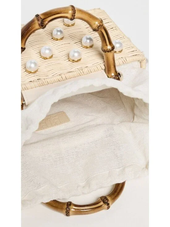BTB Los Angeles Chloe Pearl Beaded Top-Handle Box Bag Handbag Raffia Tote Purse - Picture 2 of 14